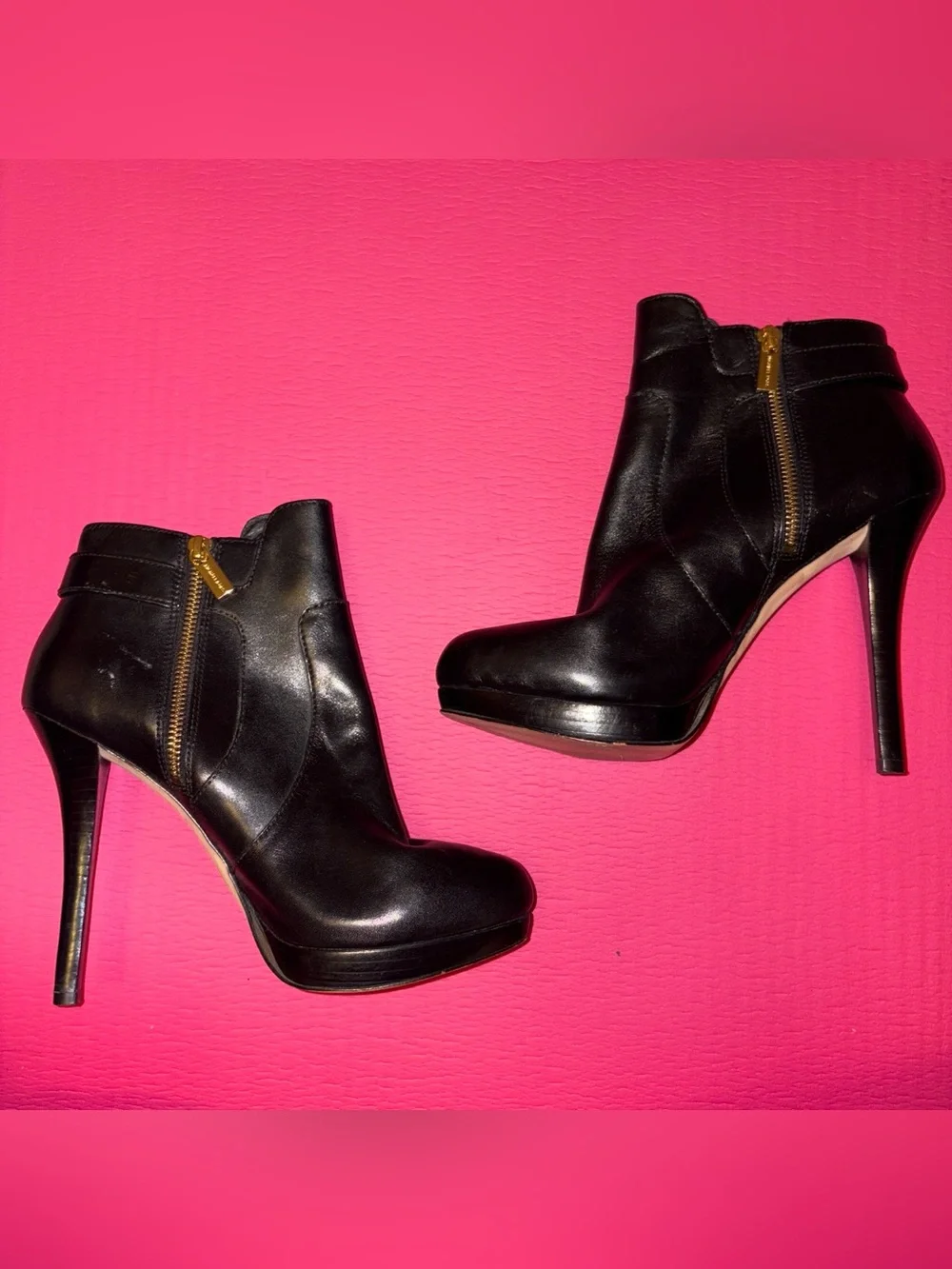 Michael Kors Black Leather Stiletto Ankle Booties with Gold MK Emblem